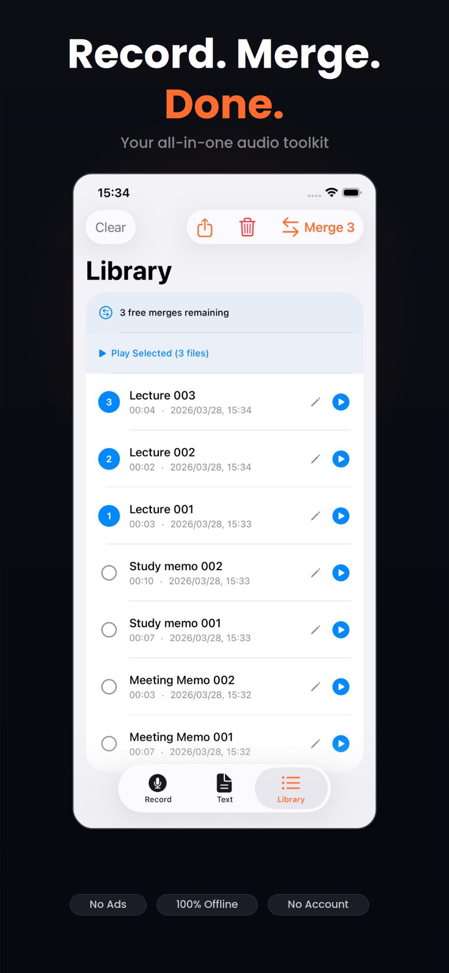 Audio Merger & Narrator — Library screen showing recordings and merge workflow