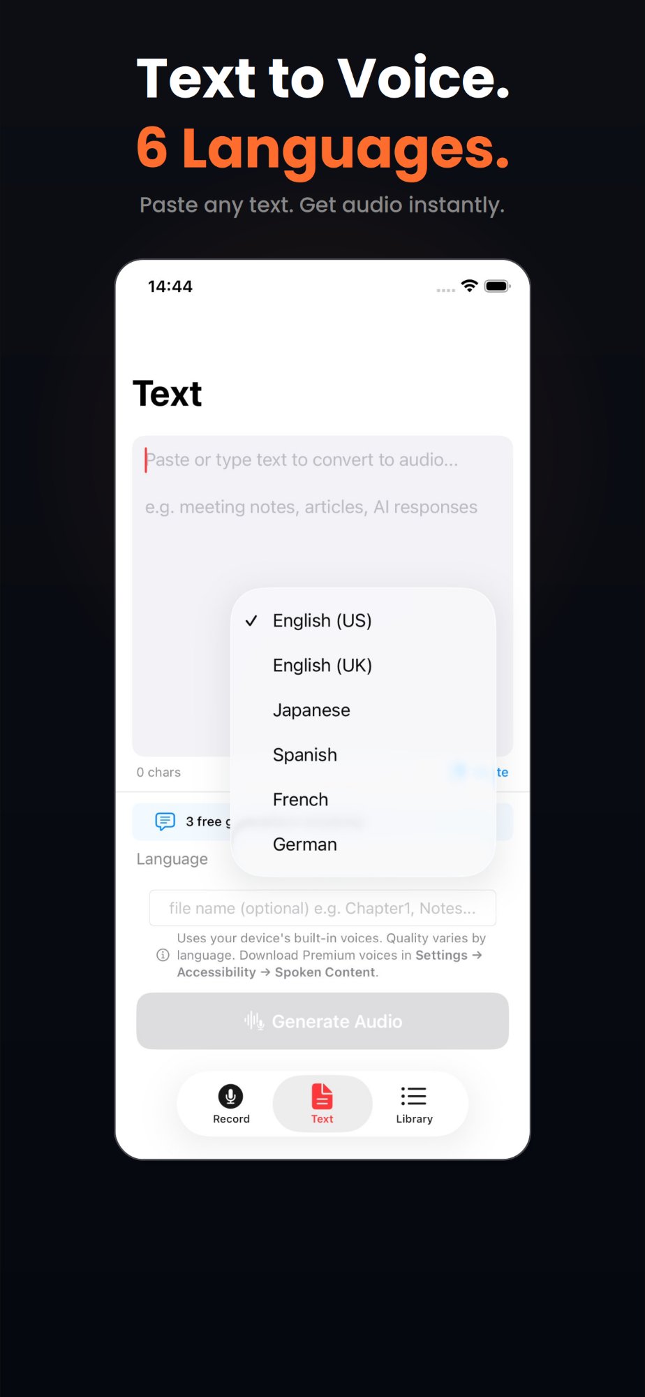 Text-to-speech screen with 6 language options