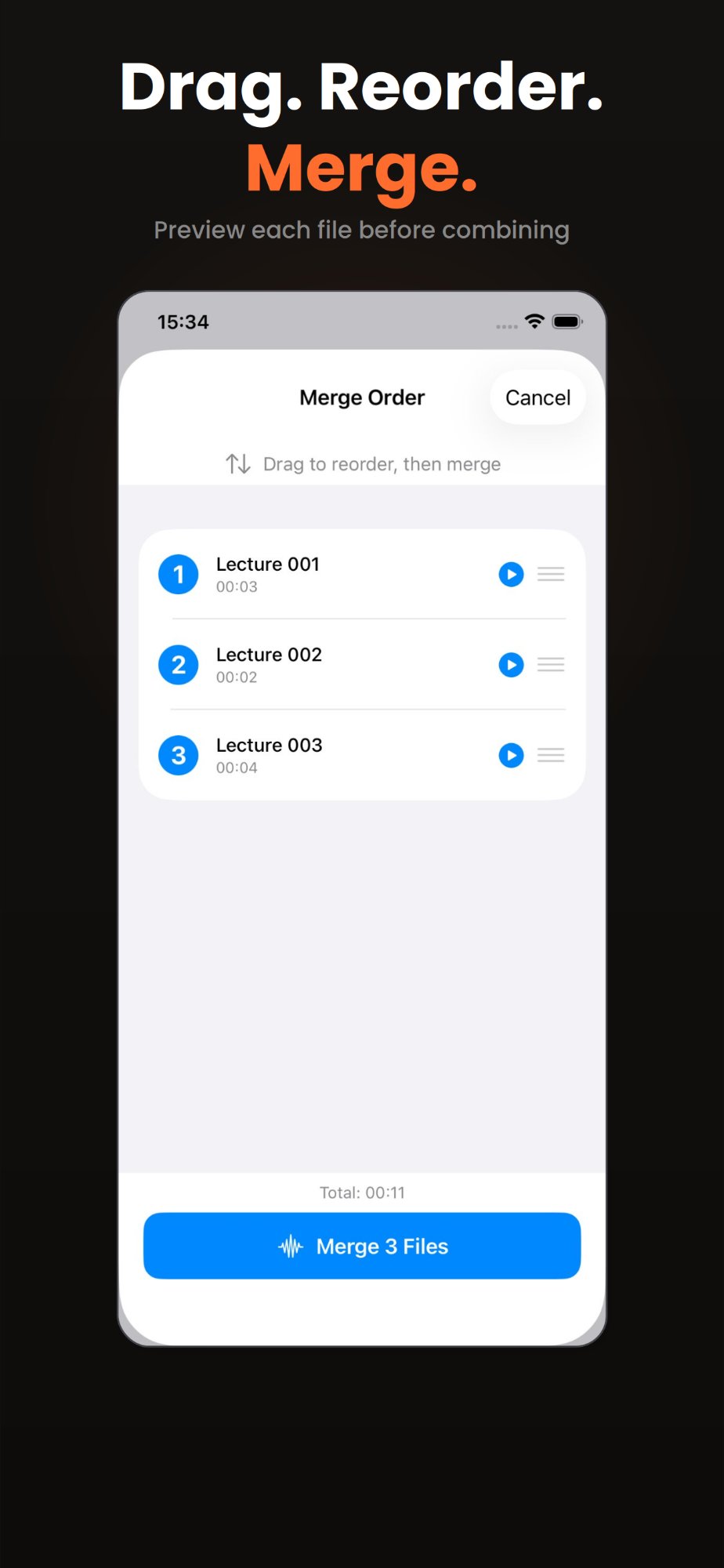 Merge order screen with drag-to-reorder
