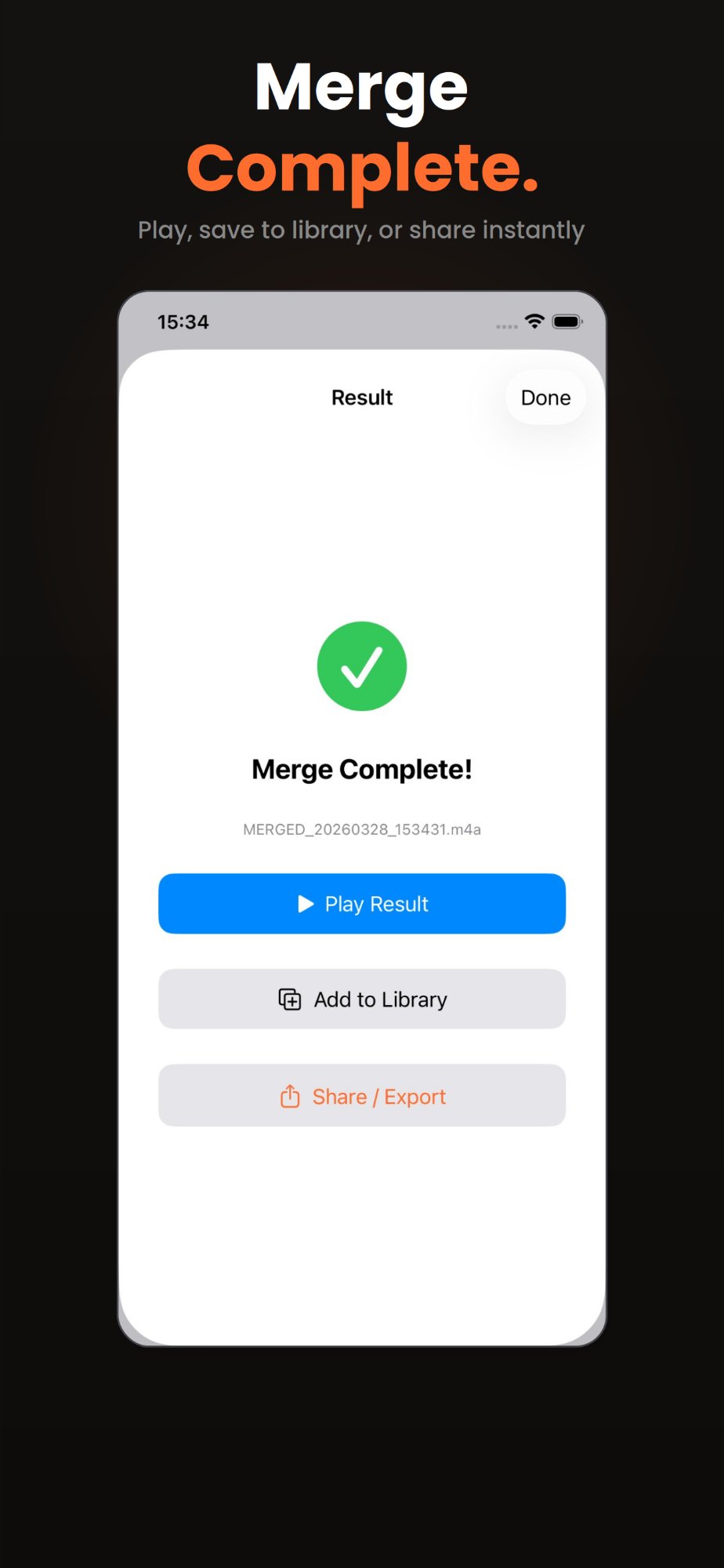 Merge complete screen with play, save, and share options